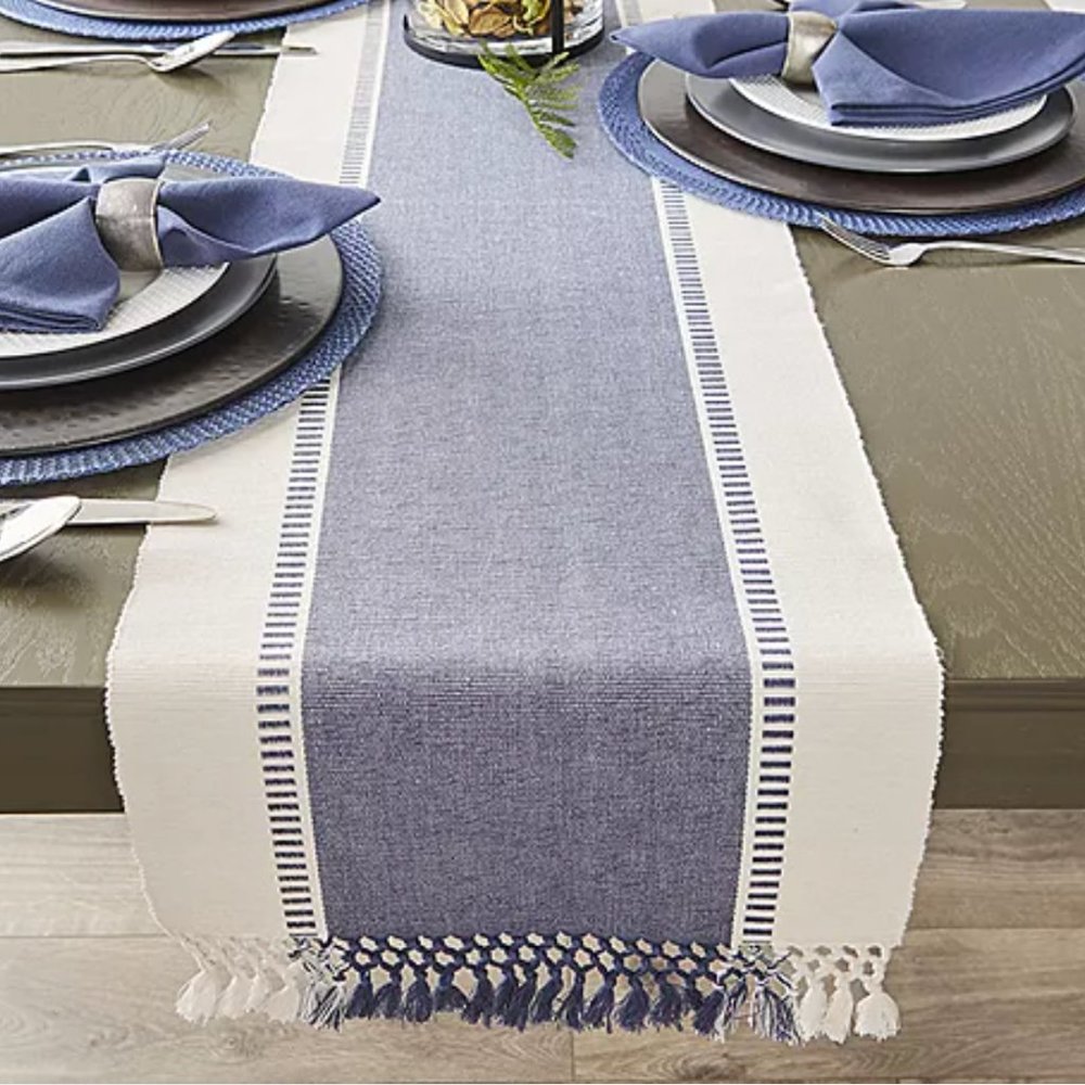 Design Imports 13 x 108 in. French Blue Dobby Stripe Table Runner